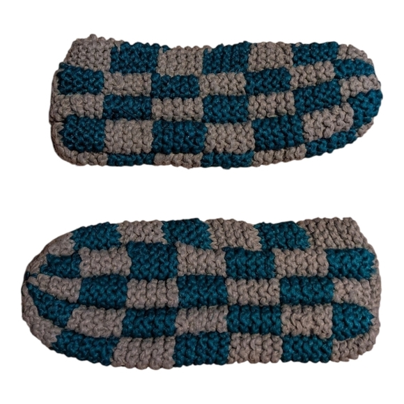 Handmade Knitted Acrylic Yarn Slippers Pantouffles Turquoise Grey - Picture 5 of 5